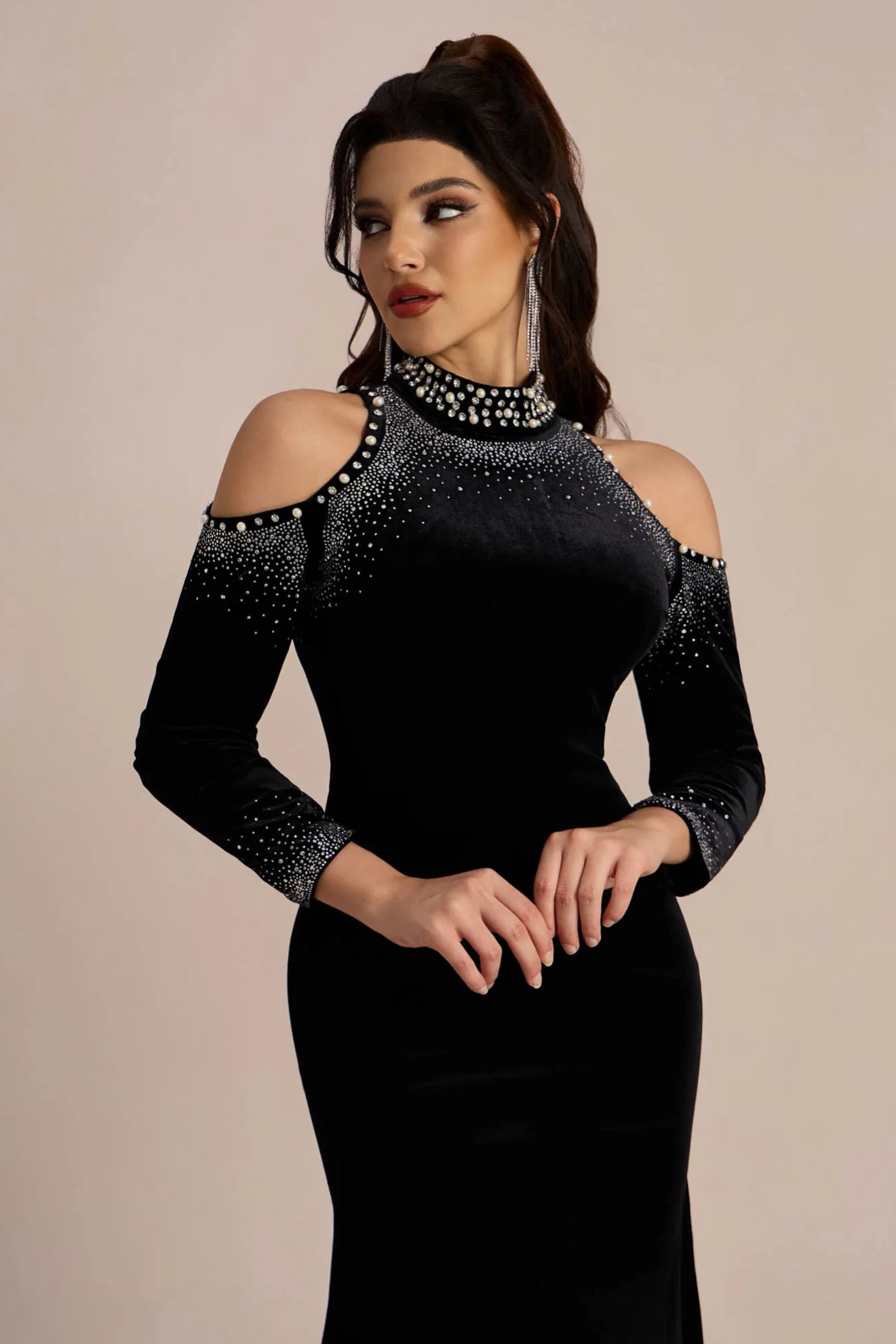 Audrey Embellished Turtleneck Velvet Midi Dress-purelyfable