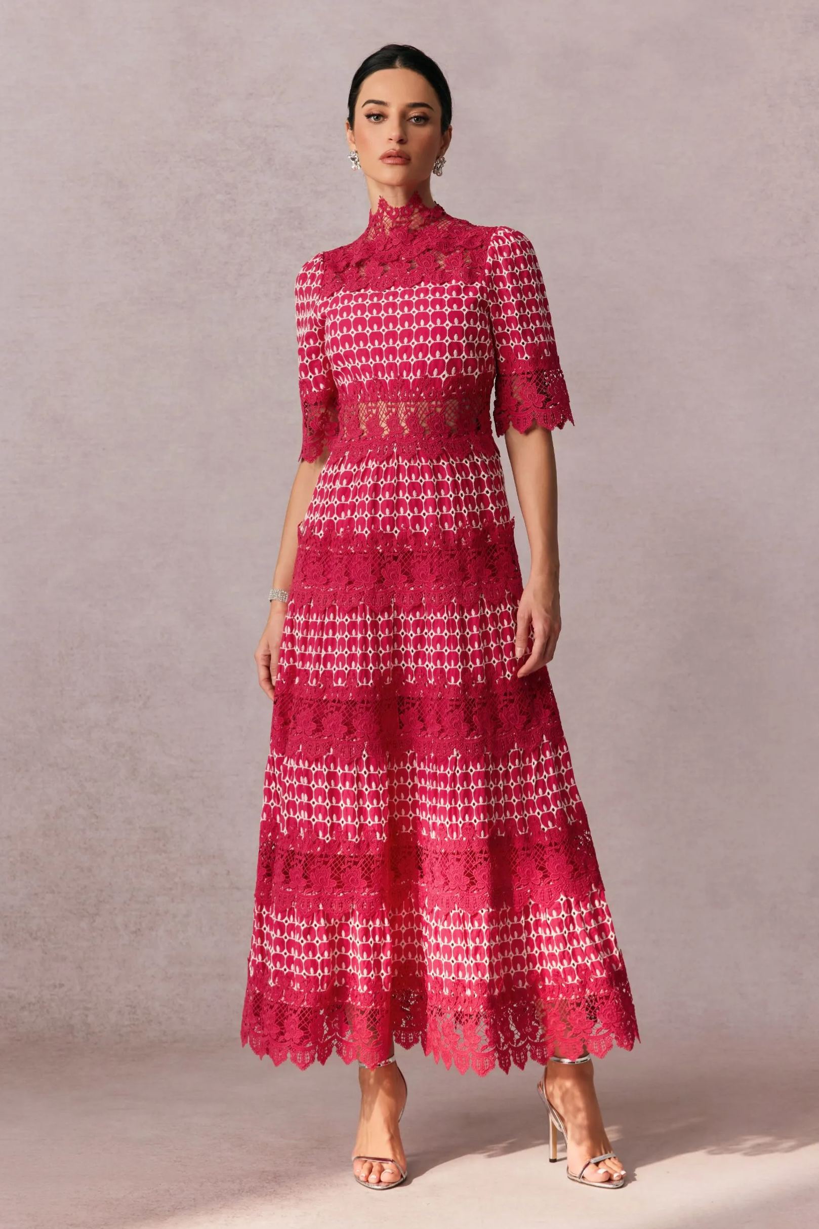 Sabrina Embroidered Lace Short Sleeve Midi Dress-purelyfable