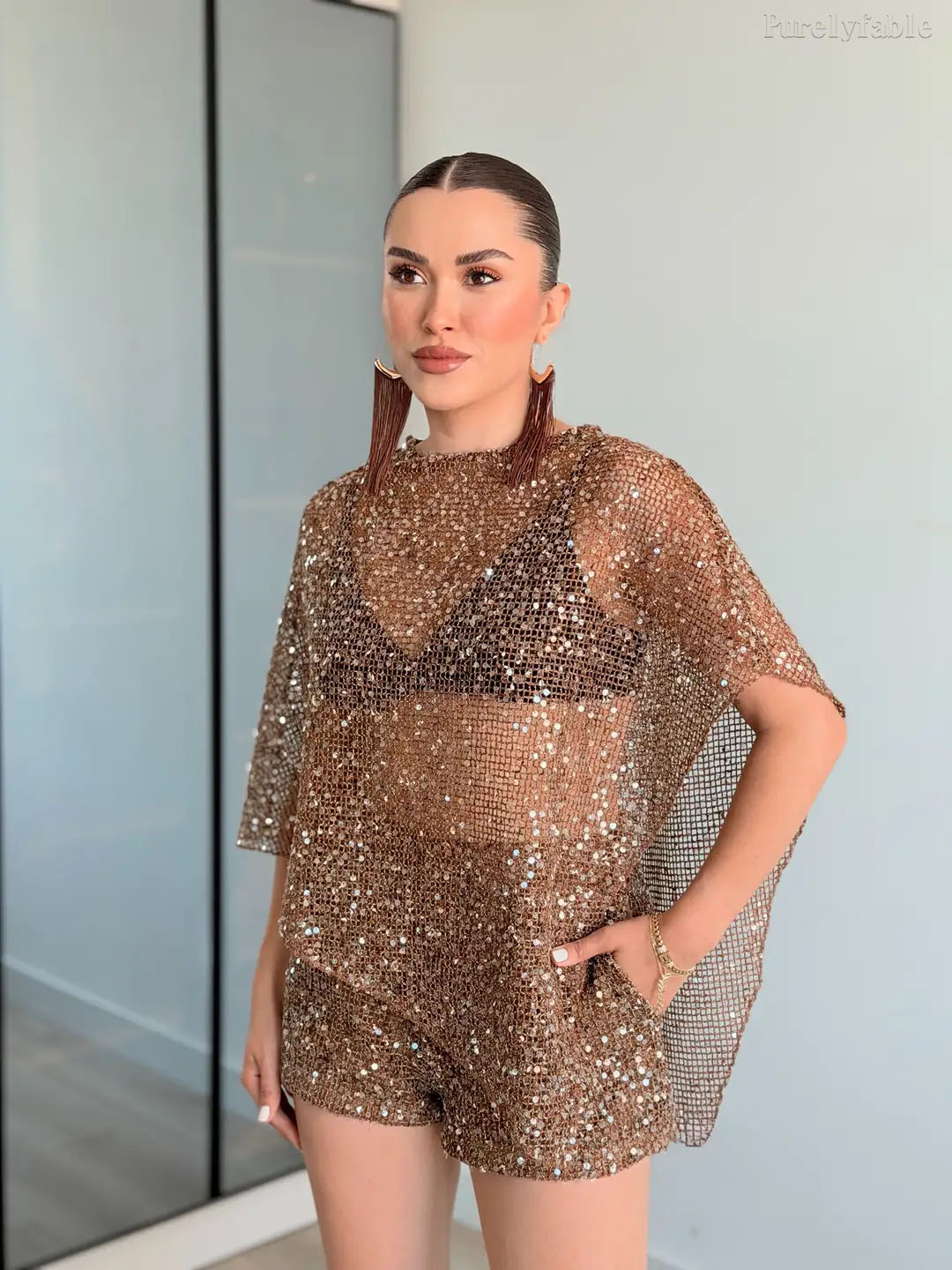 Adeline Brown Sequin Mesh Shorts Two-Piece Set