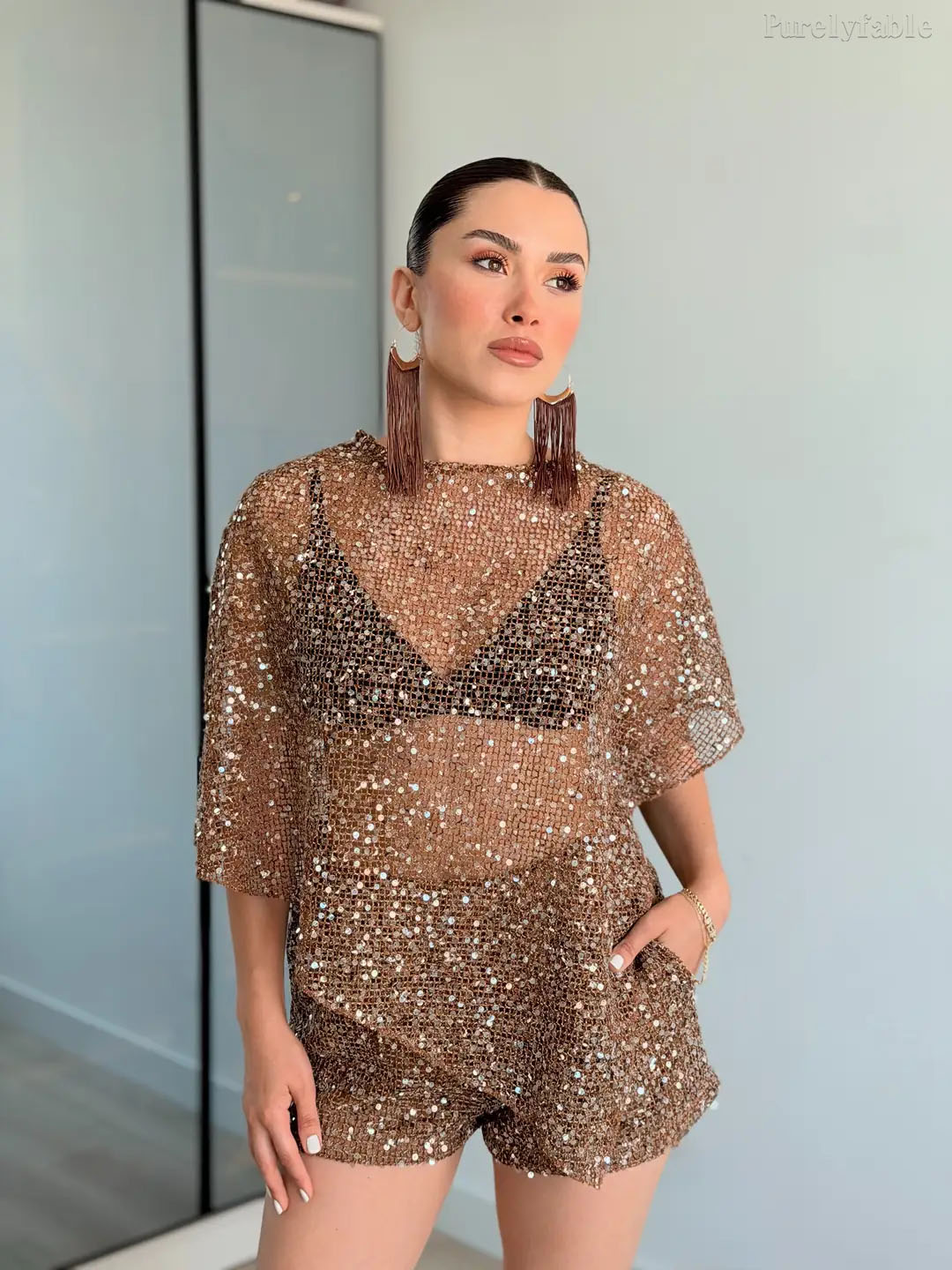 Adeline Brown Sequin Mesh Shorts Two-Piece Set
