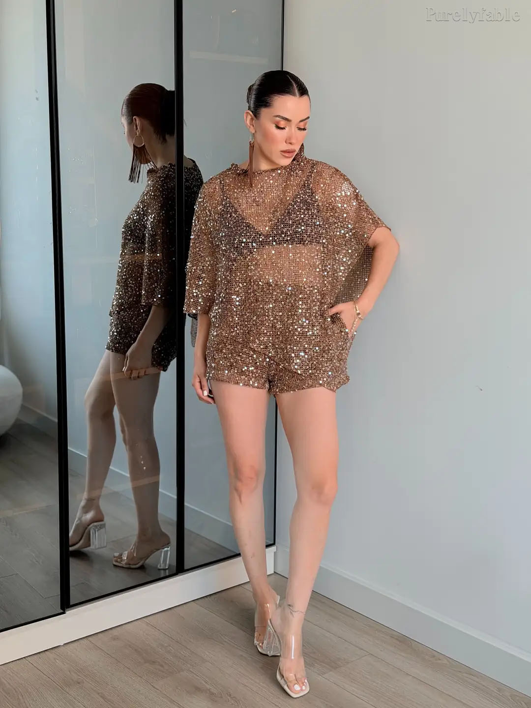 Adeline Brown Sequin Mesh Shorts Two-Piece Set