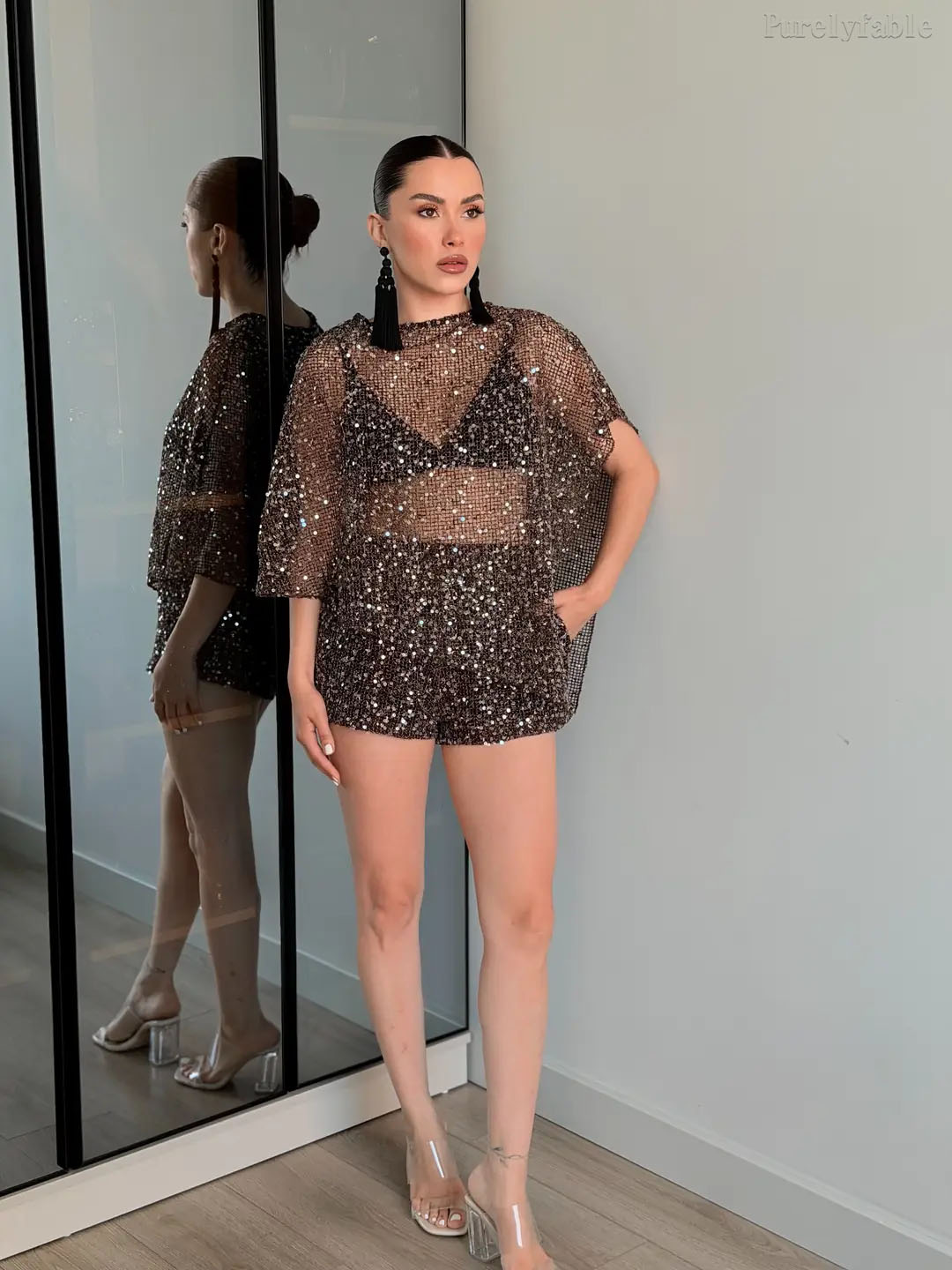 Adeline Black Short Sleeved Mesh Shorts Two-Piece Set