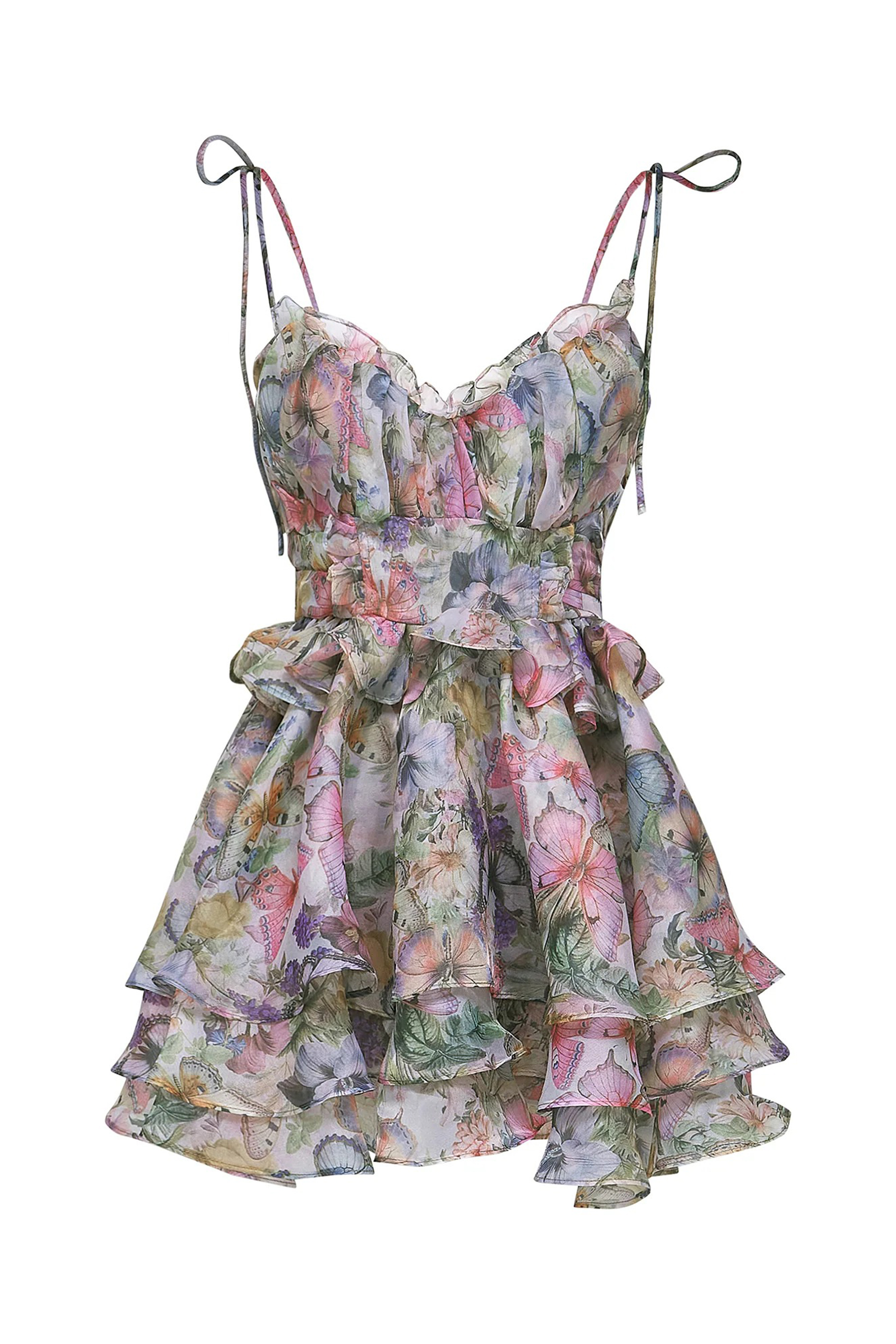 Vita Butterfly Print Ruffle Layered Mini Dress-purelyfable