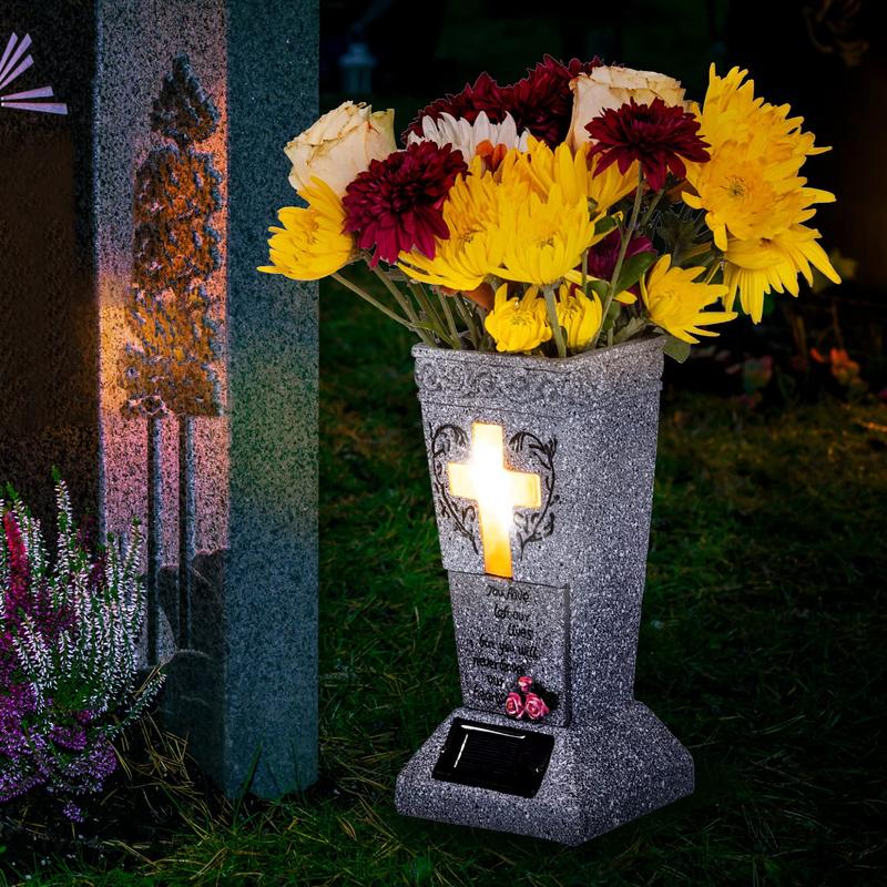  💐Solar LED Grave Vase with Ground Spike for Cemetery Headstones – Memorial Flower Holder
