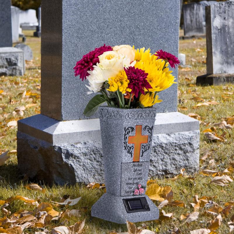 Solar LED Grave Vase with Ground Spike for Cemetery Headstones �C Memorial Flower Holder