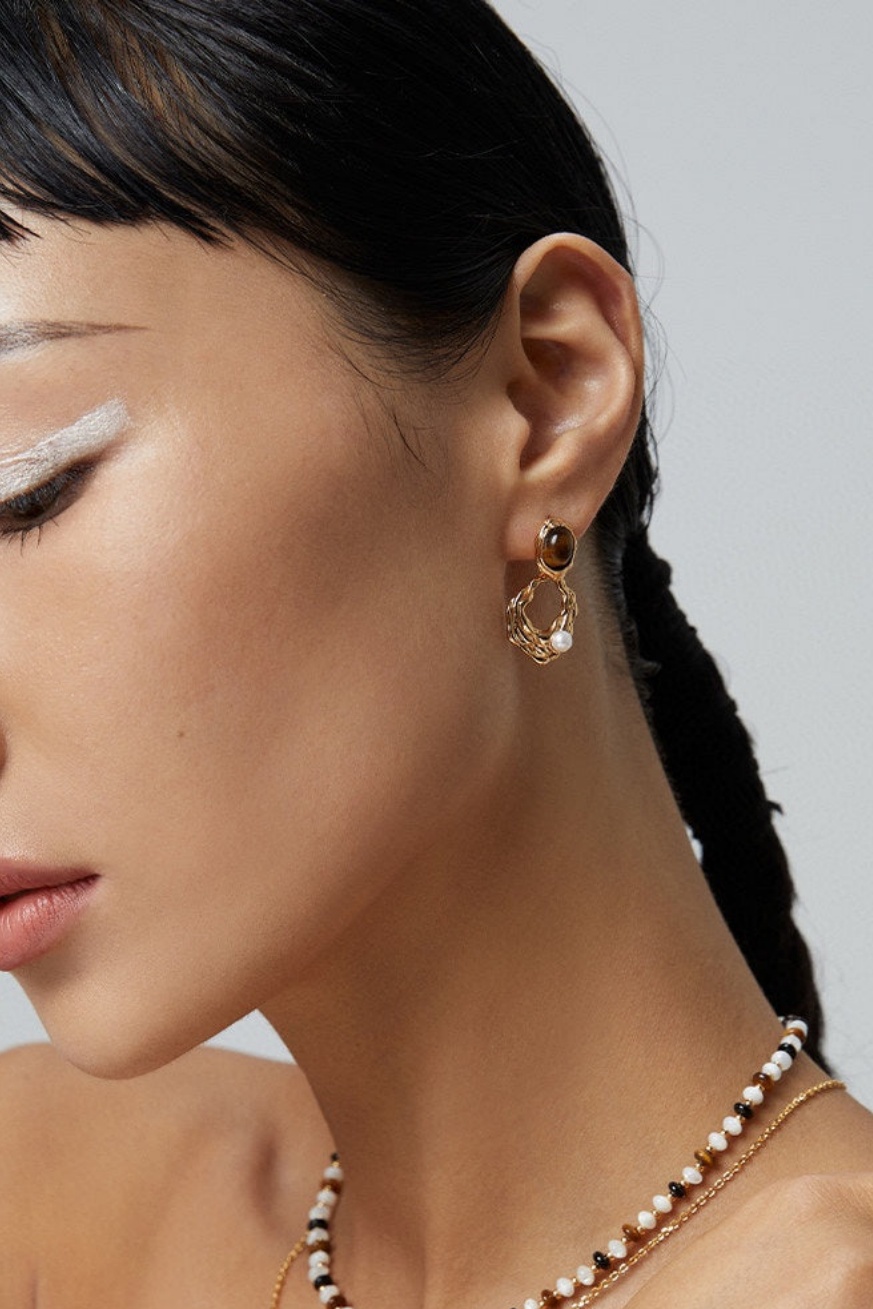 Tiger Eye Stone Abstract Earrings-purelyfable