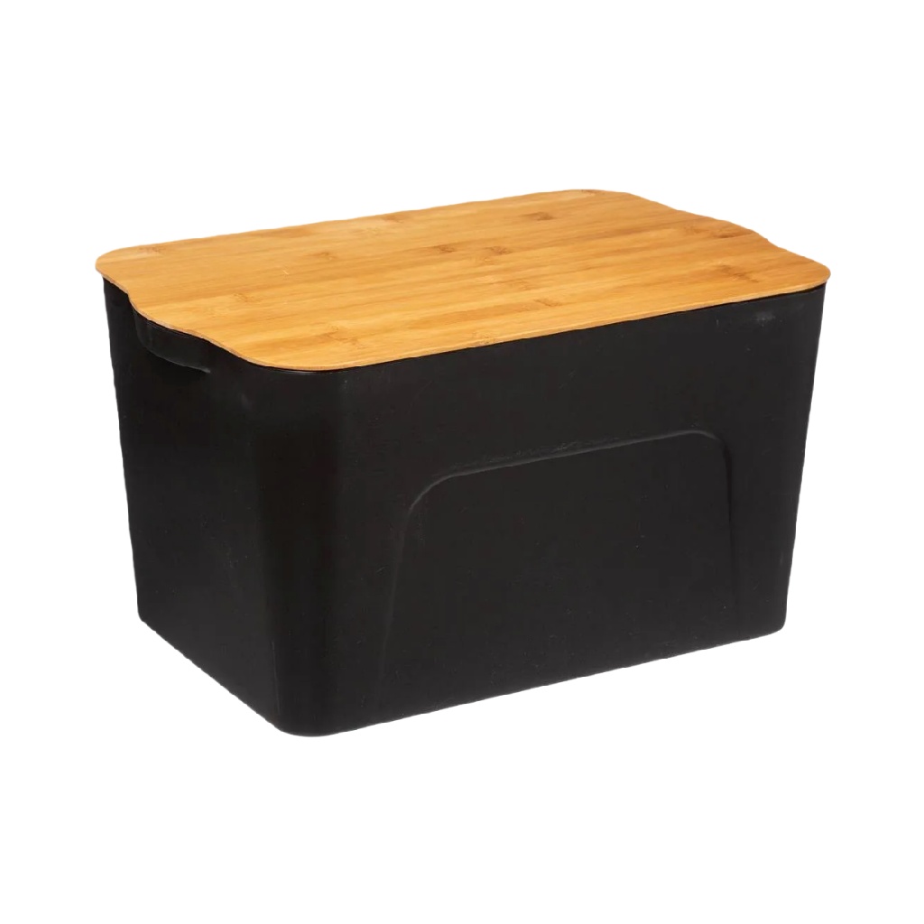 Caja de Almacenamiento de Plástico con Tapa de Bambú, Color Negro-leonardmolly.shop