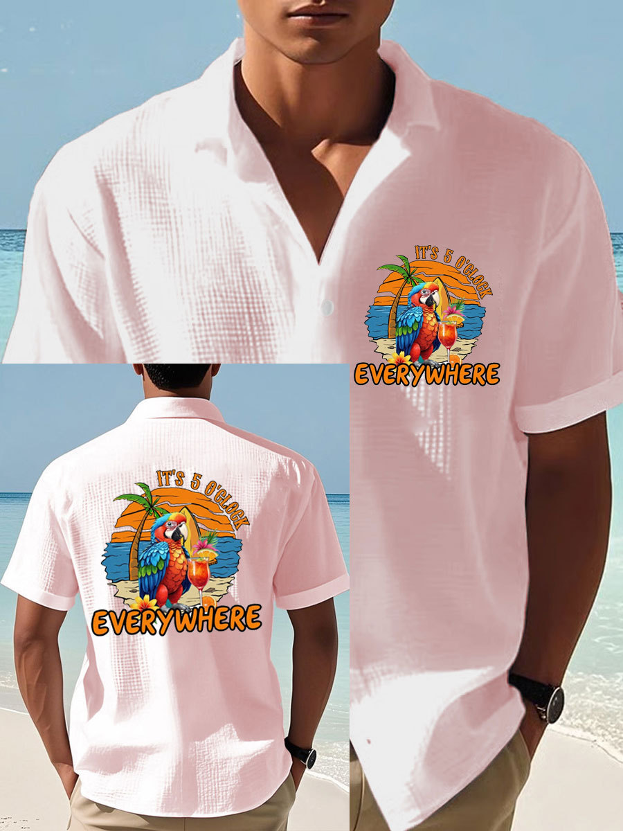 Men's It‘s 5 O'clock Everywhere Parrot Print Casual Waffle Shirt