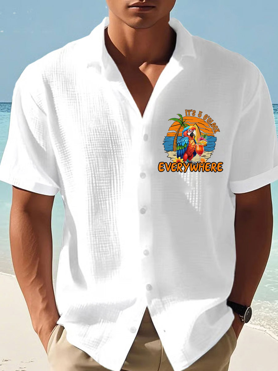 Men's It‘s 5 O'clock Everywhere Parrot Print Casual Waffle Shirt