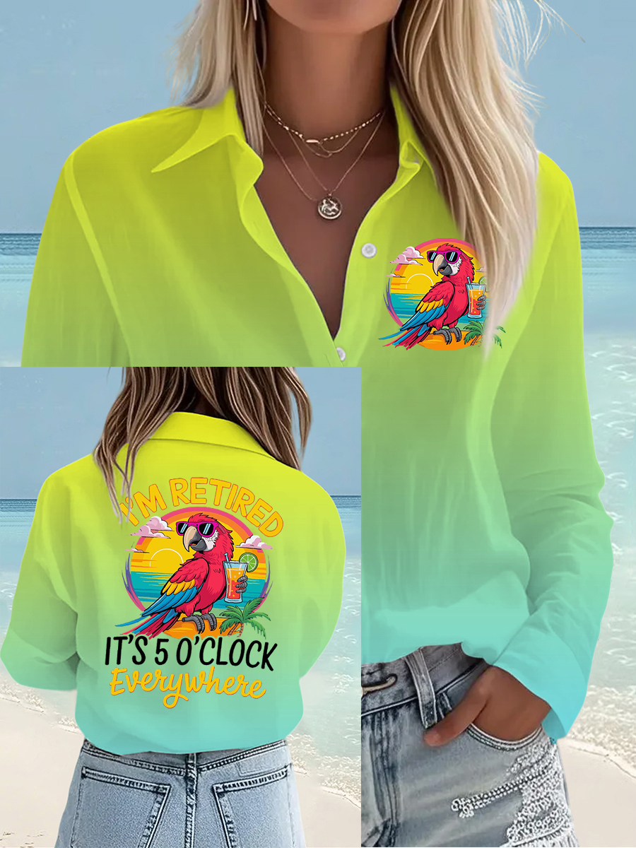 Women's I'm Retired It's 5 O'clock Everywhere Parrot Print Casual Shirt