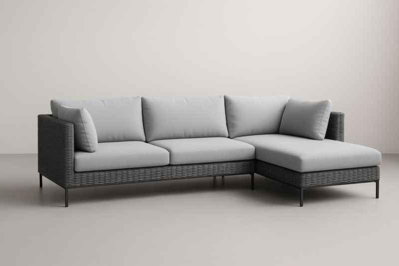 Canapé d'angle gris en polyester et osier avec pieds en acier pour jardin