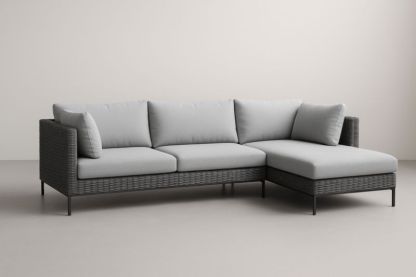 Canapé d'angle gris en polyester et osier avec pieds en acier pour jardin