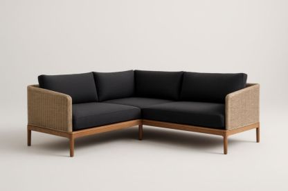 Canapé d'angle en tissu polyester anthracite avec cadre en bois massif et rotin pour jardin