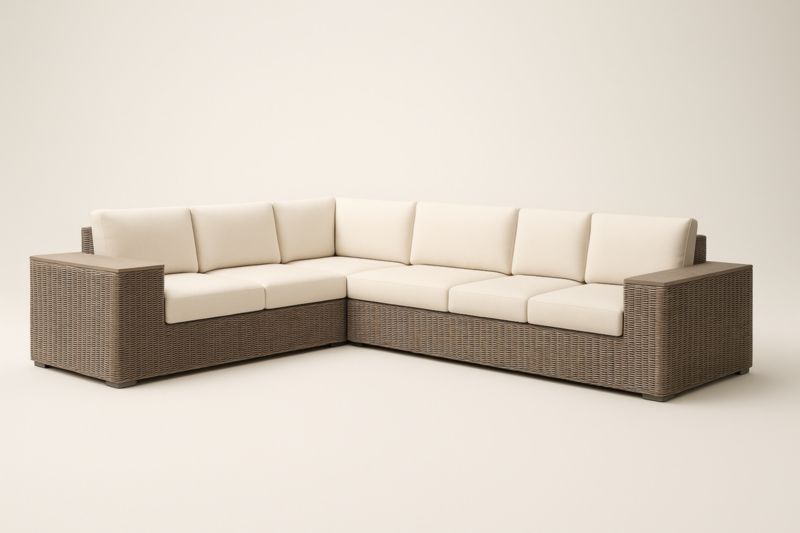 Canapé d'angle en résine tressée avec coussins crème pour jardin