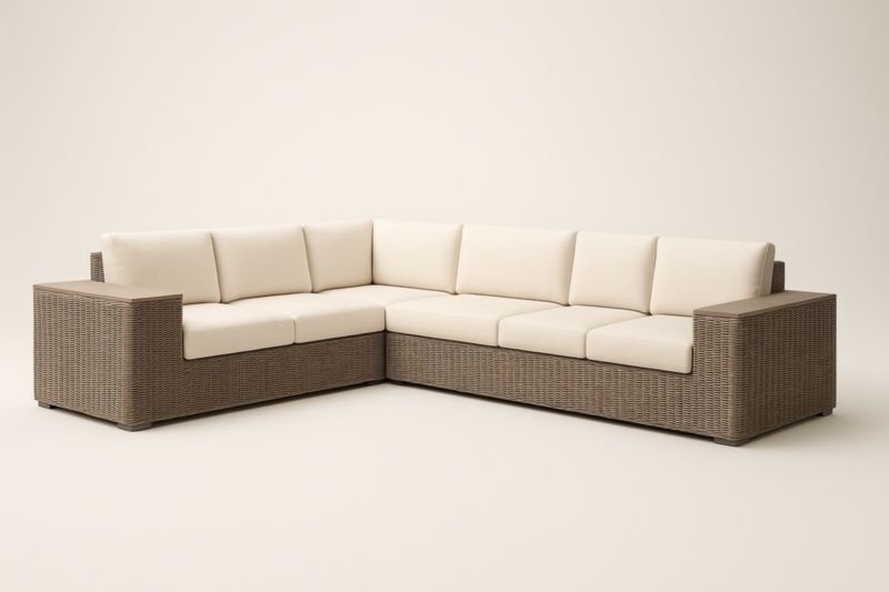 Canapé d'angle en résine tressée avec coussins crème pour jardin