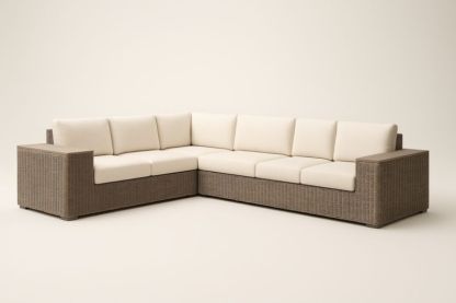 Canapé d'angle en résine tressée avec coussins crème pour jardin