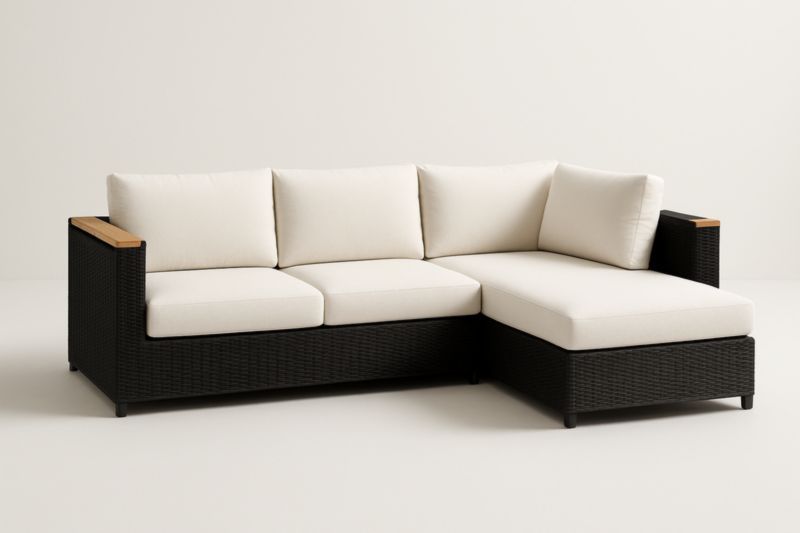 Pour jardin canapé d'angle en résine tressée avec coussins en tissu polyester noir/blanc