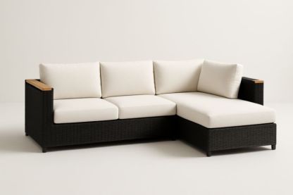 Pour jardin canapé d'angle en résine tressée avec coussins en tissu polyester noir/blanc