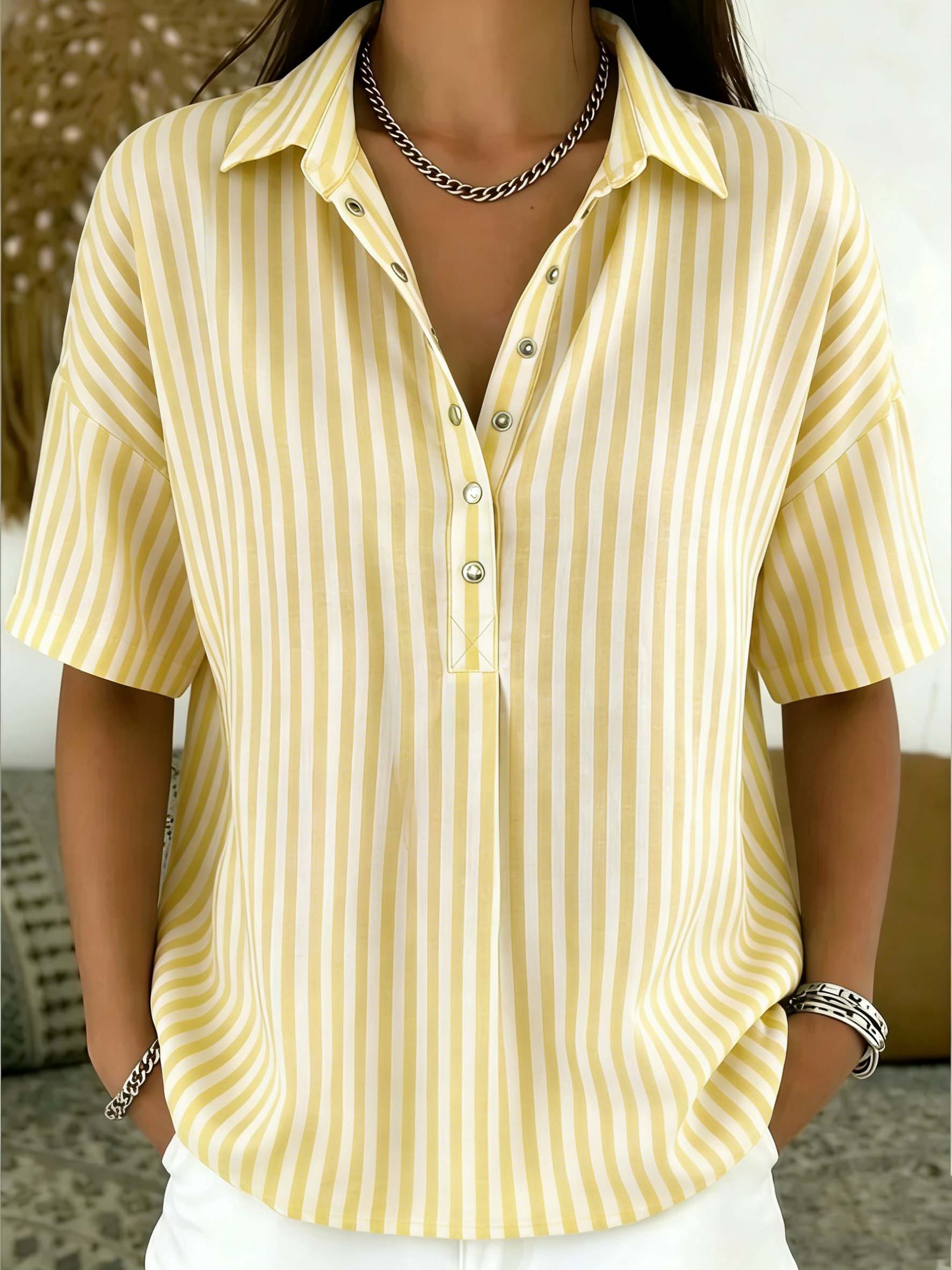 Casual Striped Polo Collar Snap Buttons Cotton-linen Shirt