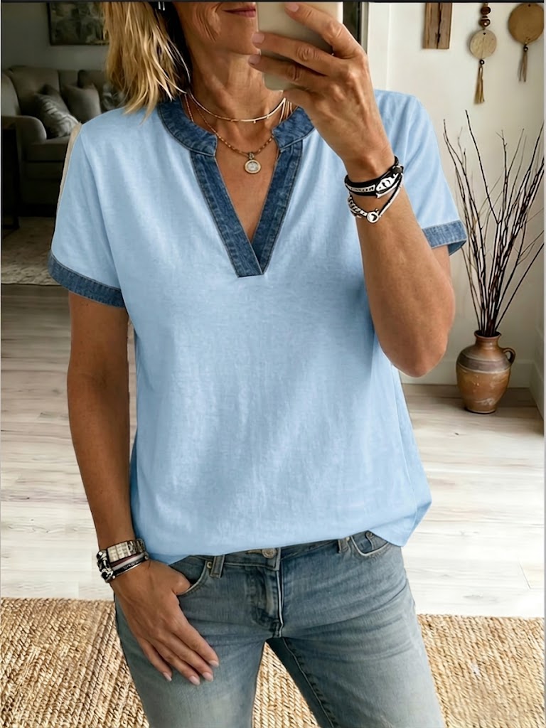 Casual Spliced denim-cotton T-shirt