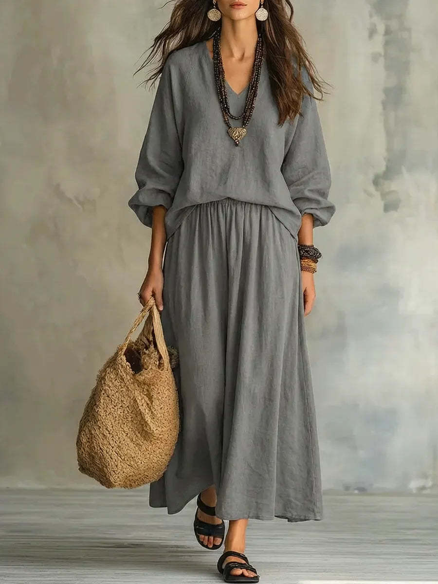 Women's Solid Color Long Sleeve Art Casual Top And Skirt Stylish Cotton Linen Suits