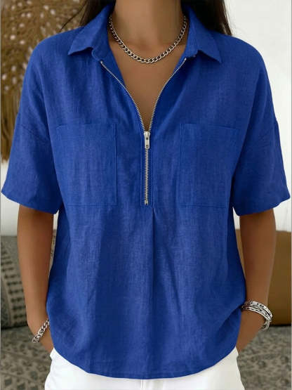 Casual Half-zip Linen And Cotton Shirt