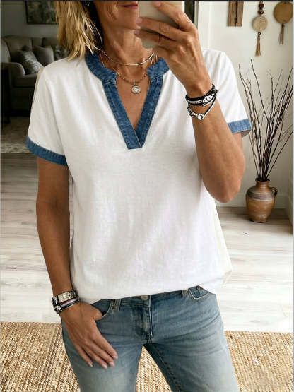 Casual Spliced denim-cotton T-shirt