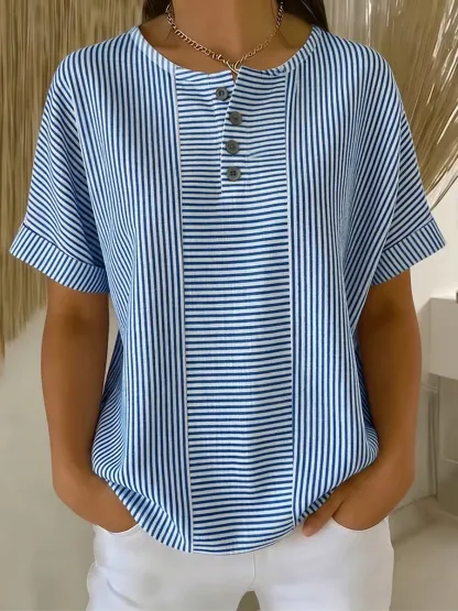 Artistic Cut Striped Cotton-linen Shirt Blouse