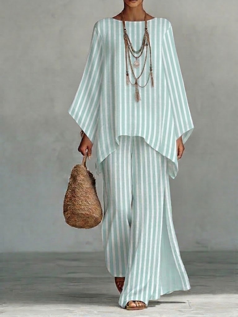 Loose-fit Casual Striped Linen And Cotton Top And Pants Two-piece Set