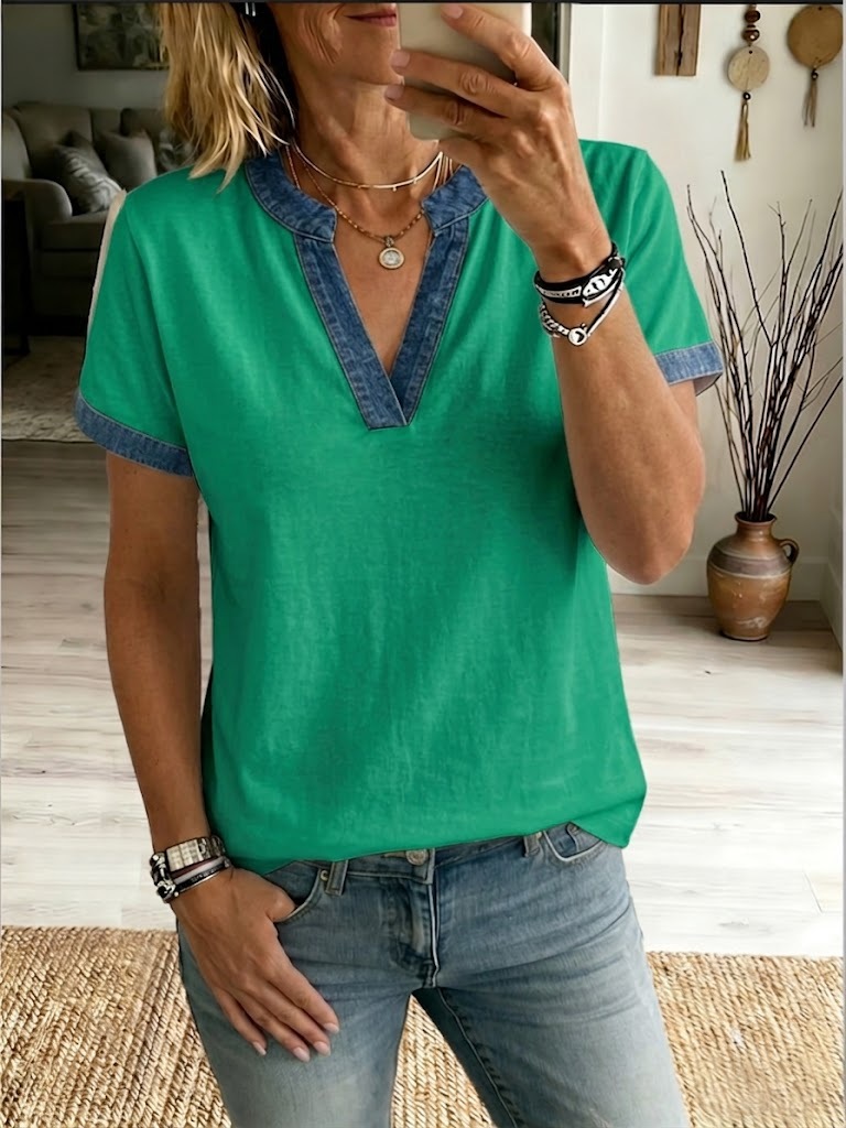 Casual Spliced denim-cotton T-shirt