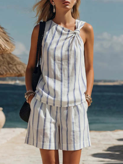 Casual Striped Linen And Cotton Top And Shorts Two-piece Set