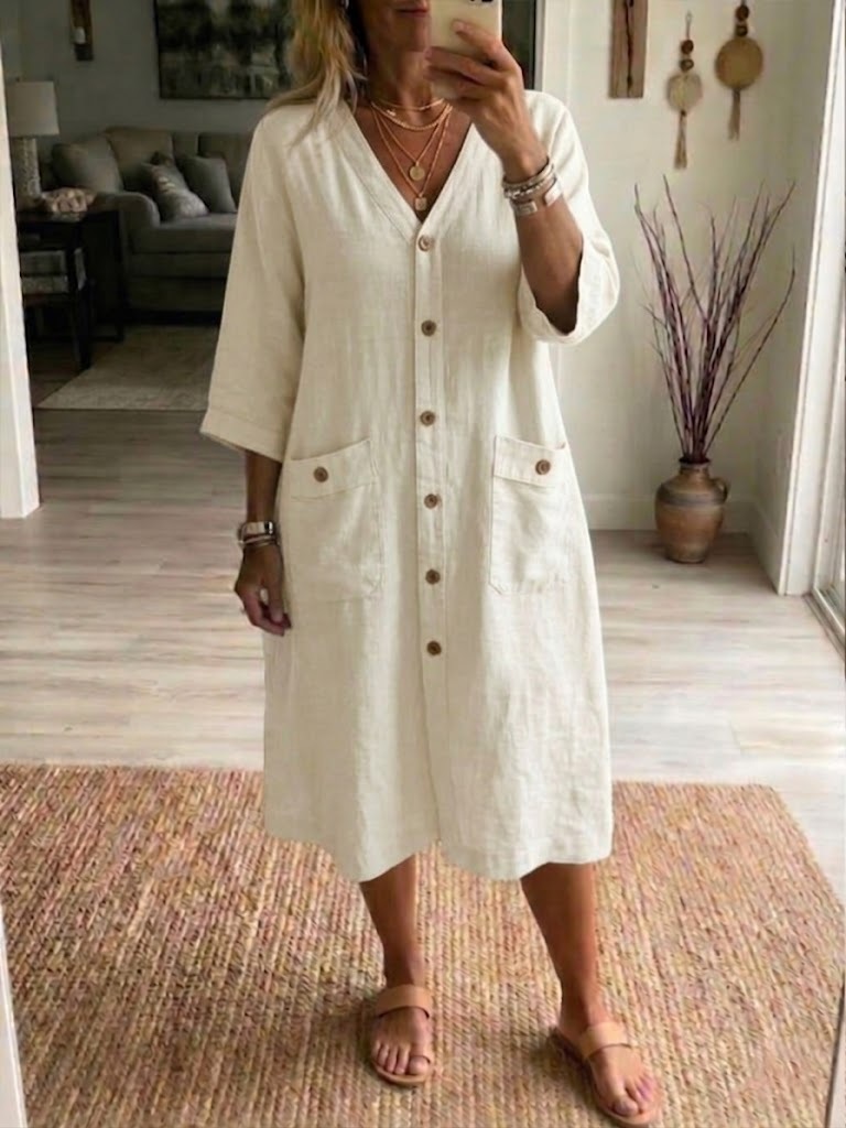 Casual Linen And Cotton Button-down Dress
