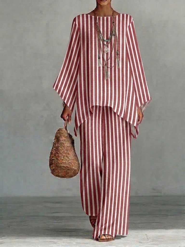 Loose-fit Casual Striped Linen And Cotton Top And Pants Two-piece Set