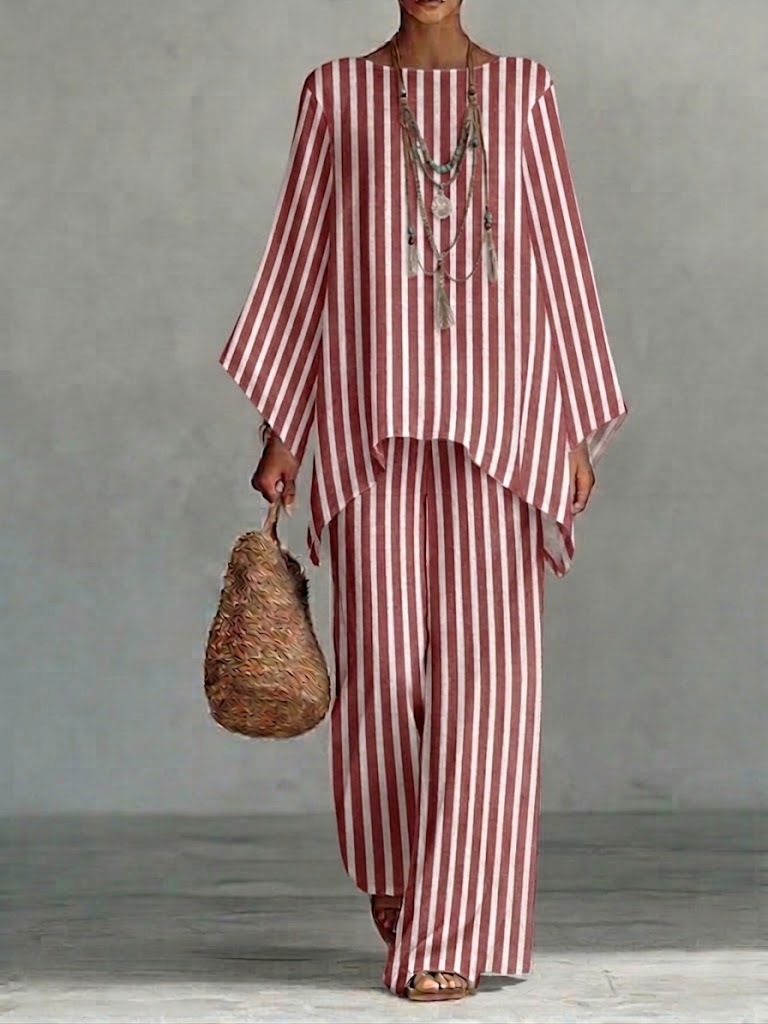 Loose-fit Casual Striped Linen And Cotton Top And Pants Two-piece Set