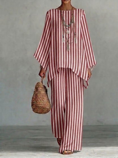 Loose-fit Casual Striped Linen And Cotton Top And Pants Two-piece Set