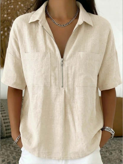 Casual Half-zip Linen And Cotton Shirt