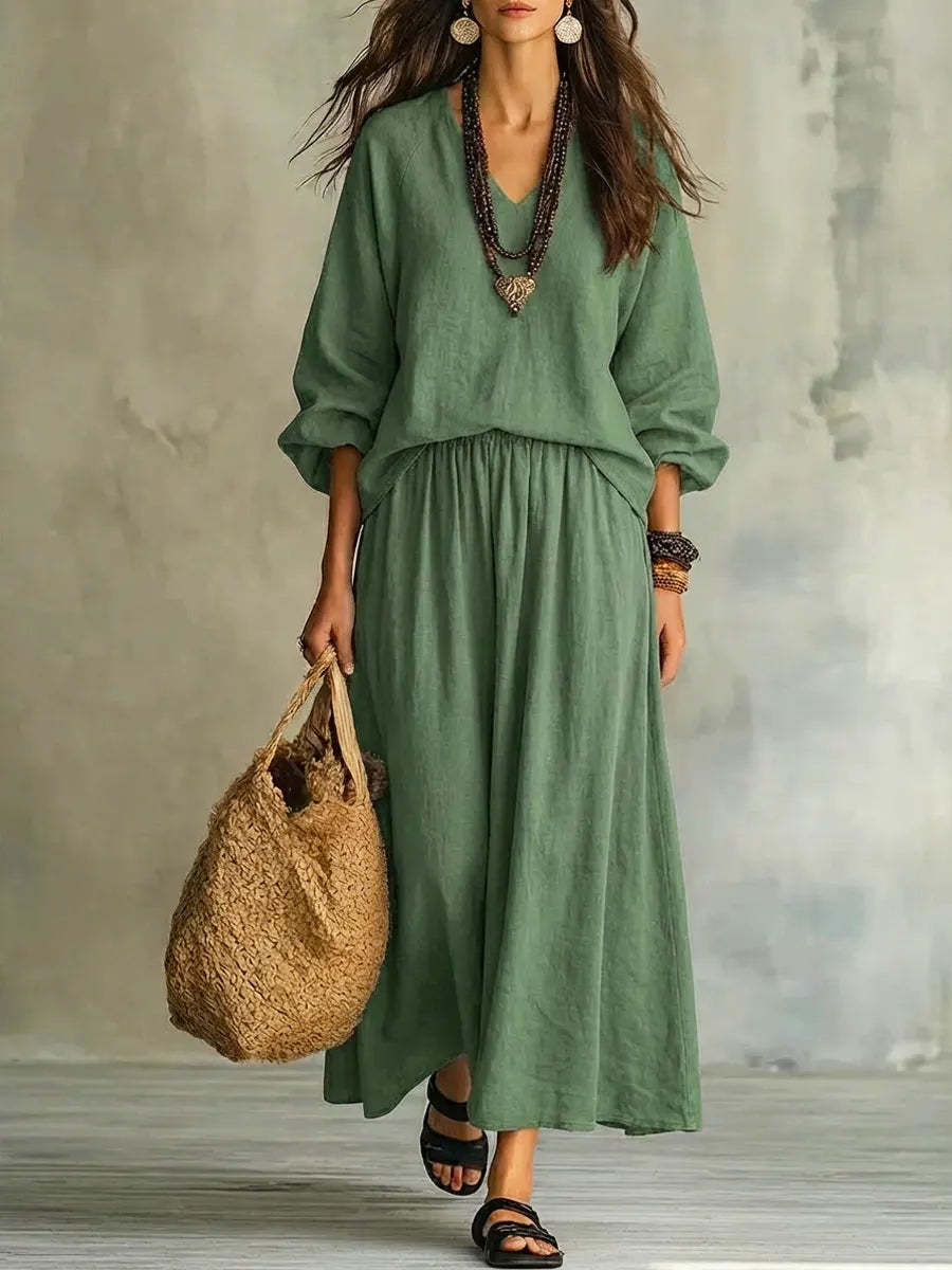 Women's Solid Color Long Sleeve Art Casual Top And Skirt Stylish Cotton Linen Suits