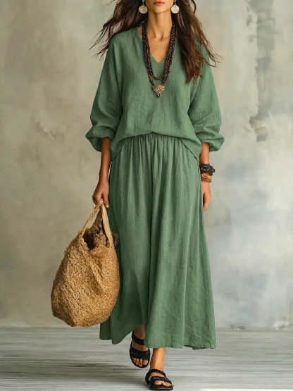 Women's Solid Color Long Sleeve Art Casual Top And Skirt Stylish Cotton Linen Suits