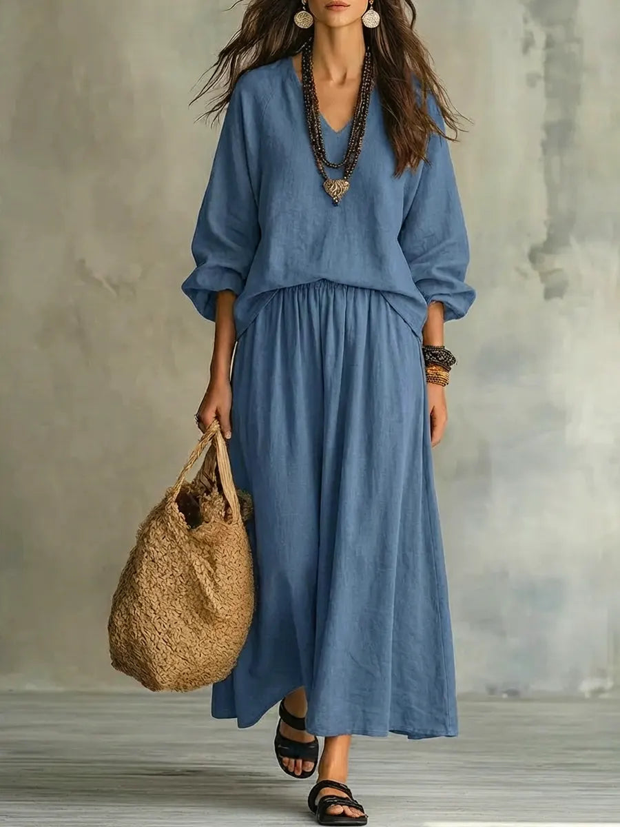 Women's Solid Color Long Sleeve Art Casual Top And Skirt Stylish Cotton Linen Suits
