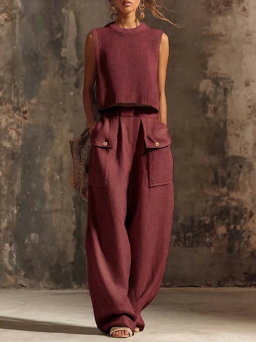 Elegant Round-Neck Knit Top and Casual Cotton-Linen Wide-Leg Cargo Pants Set