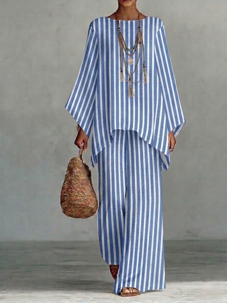 Loose-fit Casual Striped Linen And Cotton Top And Pants Two-piece Set