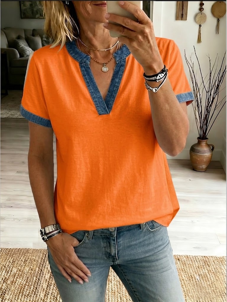 Casual Spliced denim-cotton T-shirt