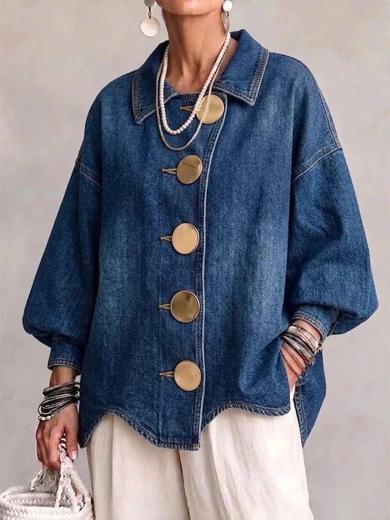 Boho Oversized Denim Jacket With Statement Gold Buttons