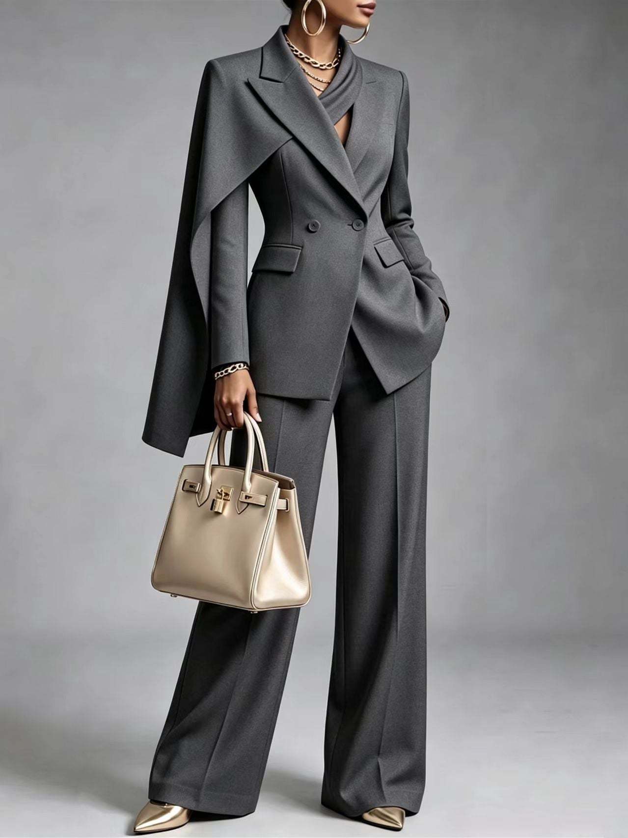 🤲LAST DAY SAVE 49% ⏰Women’s Chic 2-Piece Suit Set – Asymmetric Cape Blazer & Wide-Leg Pants