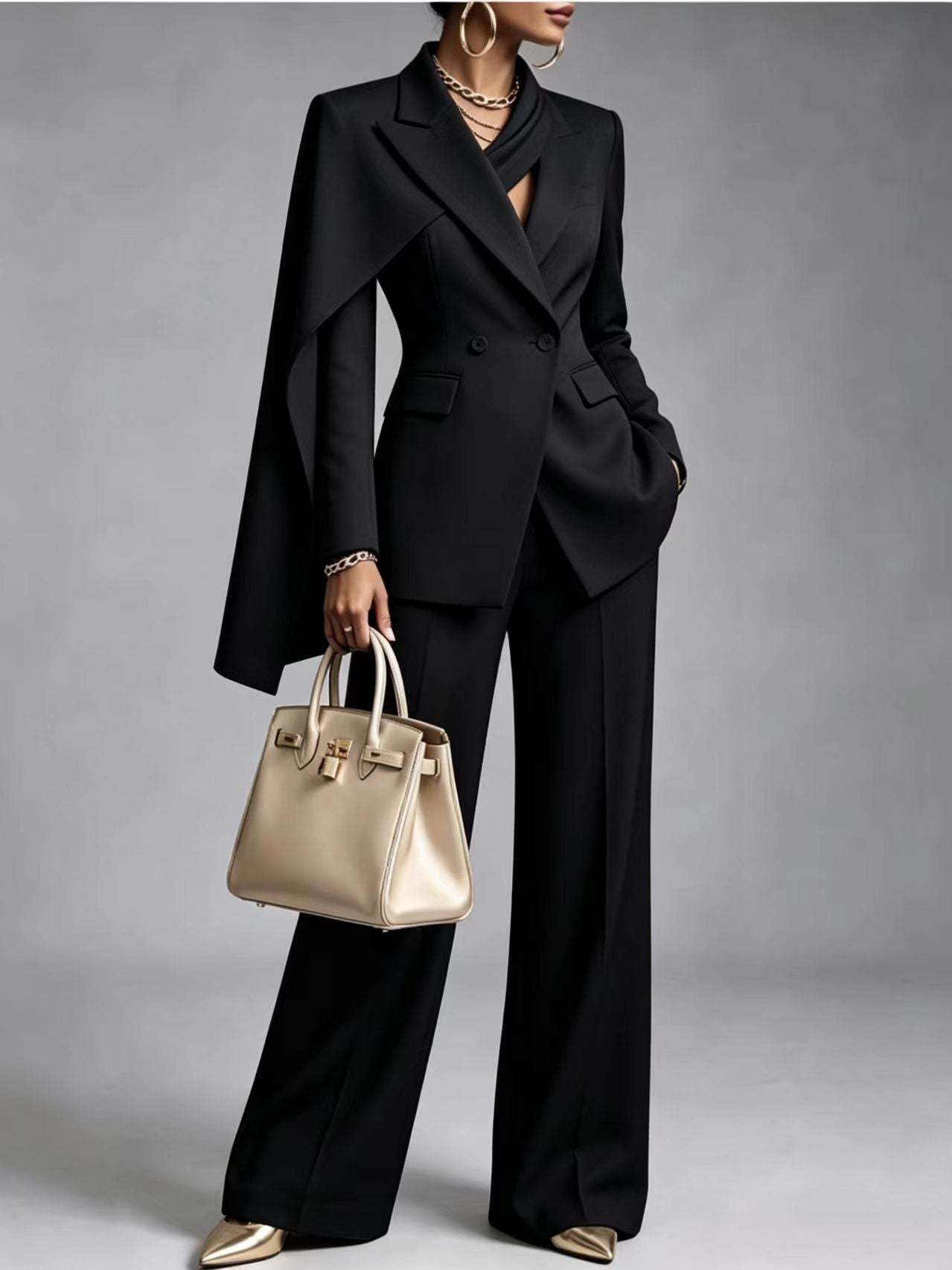🤲LAST DAY SAVE 49% ⏰Women’s Chic 2-Piece Suit Set – Asymmetric Cape Blazer & Wide-Leg Pants