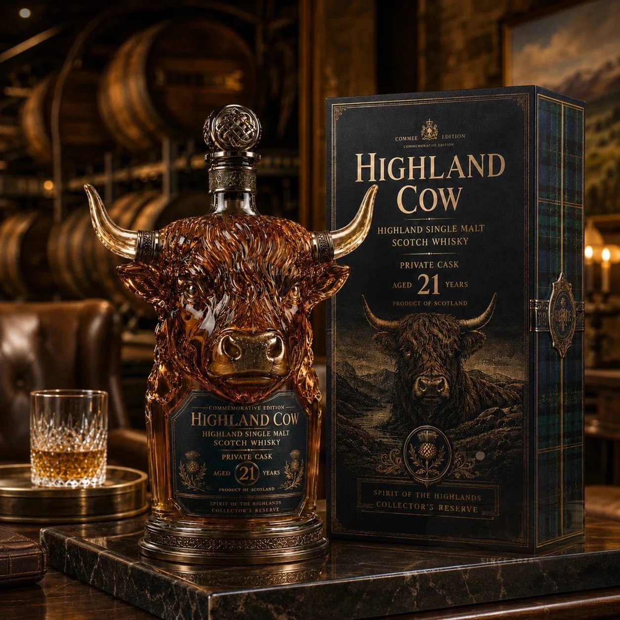 Highland Cow Private Cask 21 Jahre Kuhkopf-förmige Scotch Whisky-Flasche