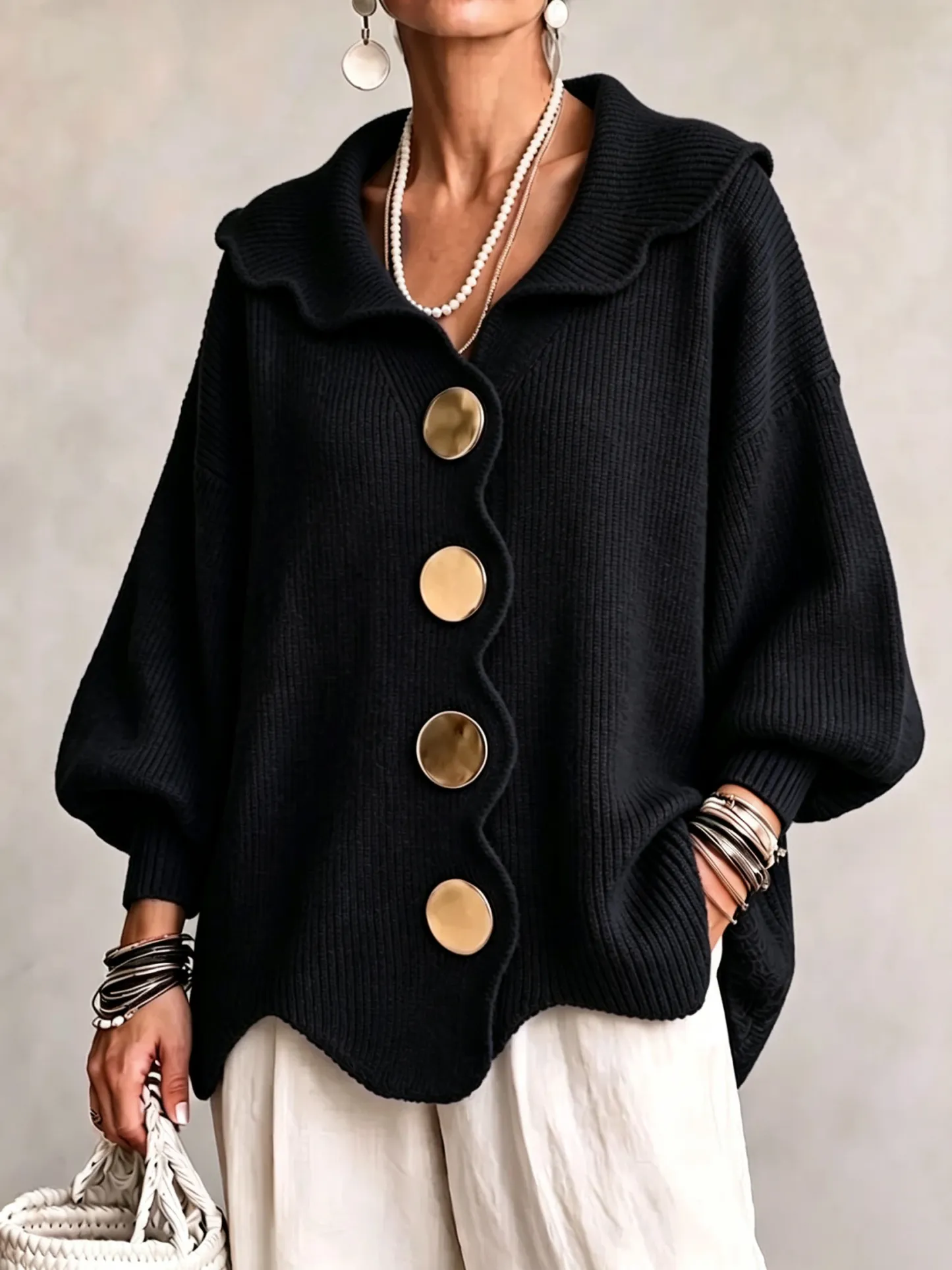 Scalloped Edge Collared Large Button Knit Cardigan