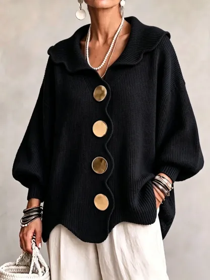 Scalloped Edge Collared Large Button Knit Cardigan