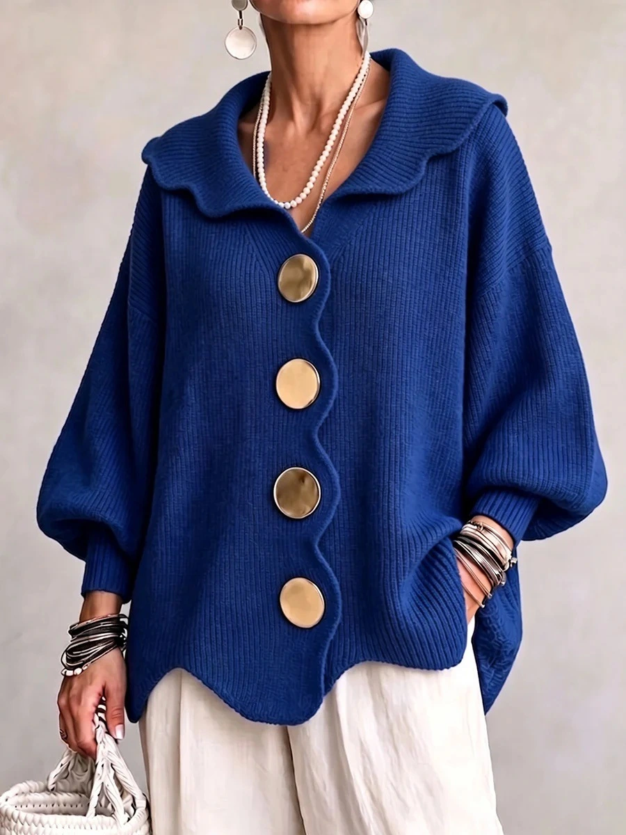 Scalloped Edge Collared Large Button Knit Cardigan