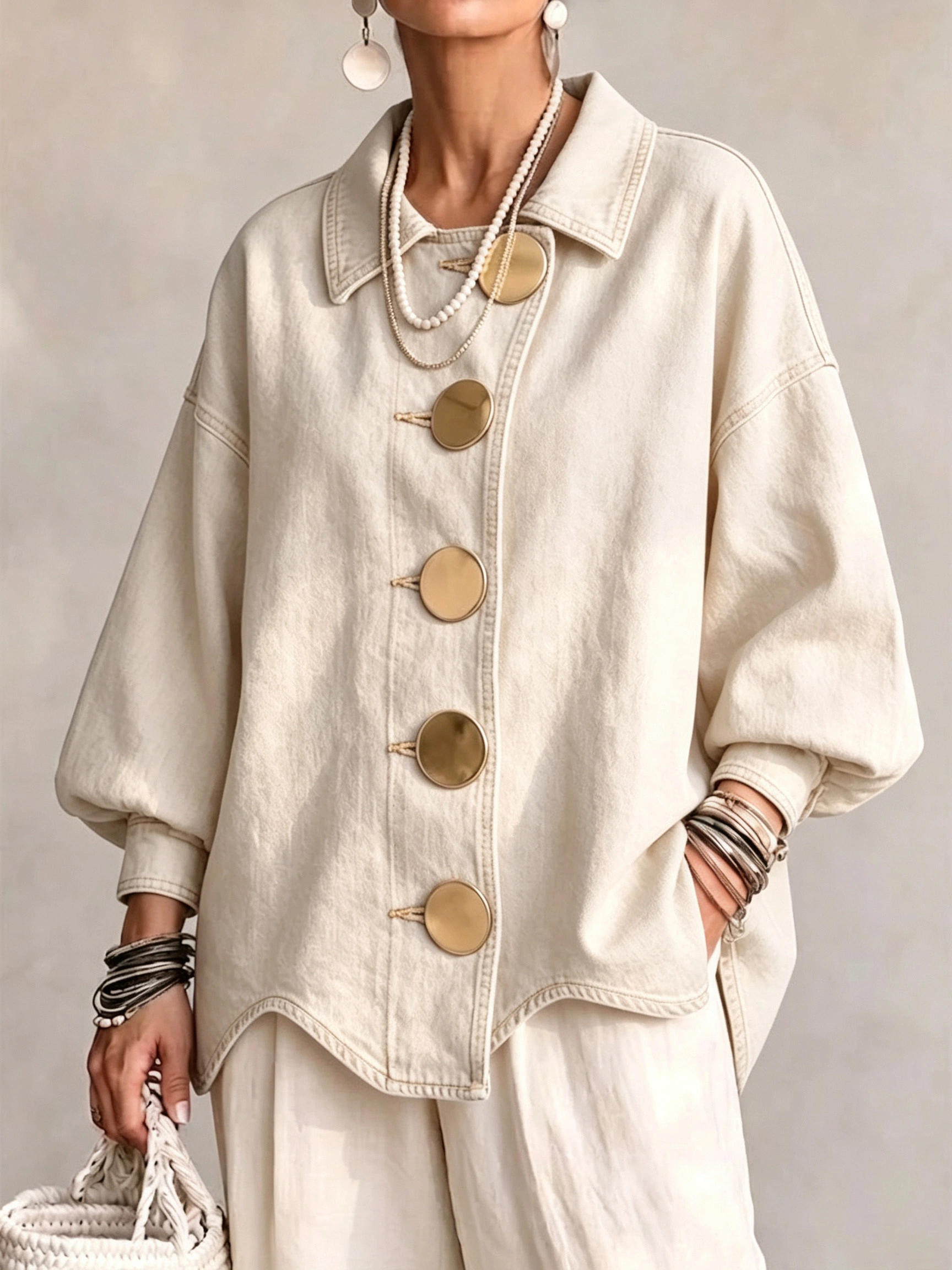 Boho Oversized Denim Jacket With Statement Gold Buttons